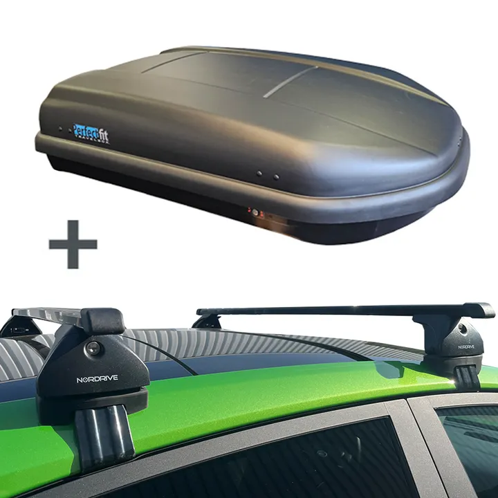 PerfectFit Dachbox 400 Liter + Nordrive Dachträger Audi A1 3-türig Fließheck 09/2010 - 10/2018